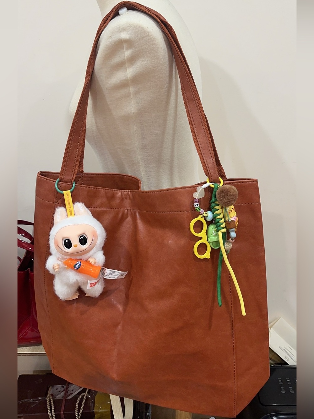 New Brown Leather Tote Bag with new Labubu & Cute Charms